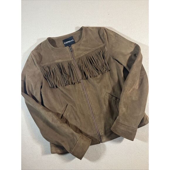 Express Faux Leather Jacket Coat Suede Women S‎ Brown Fringe Western Y2K Boho - Picture 1 of 11